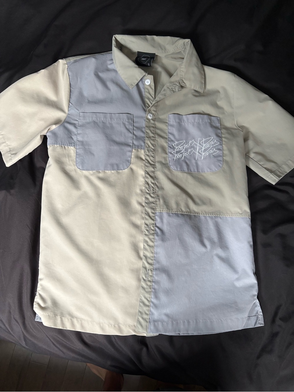 Aris Two-Tone Short-Sleeve Button-Down Shirt - Beige & Light Gray